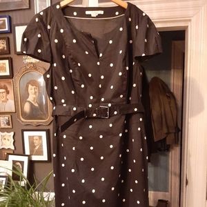 Boden black and cream polkadot belted wiggle dress, size 14